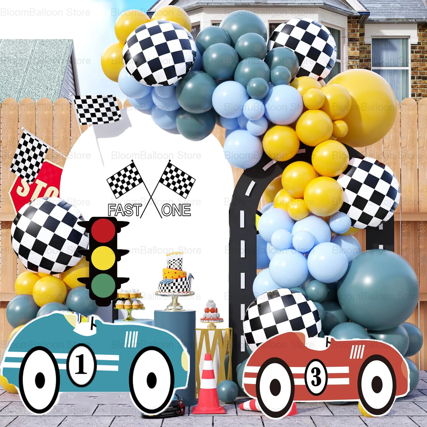 FAST ONE Race Car KT board Racing Theme Number Cutout Race Track Backdrop for Birthday Party Decoration Boy Baby Shower Supplies