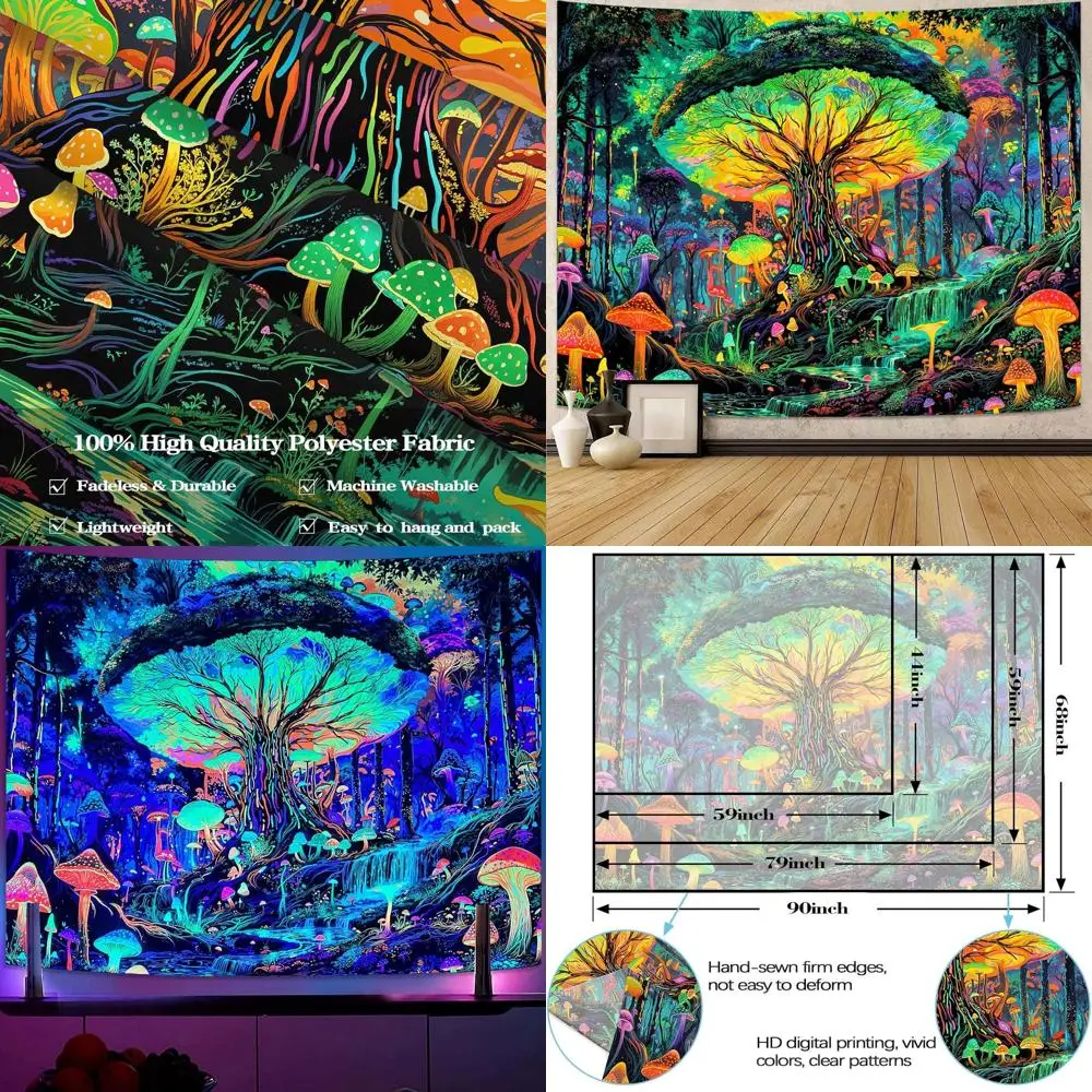 

Glow-in-the-Dark Mushroom Tree Forest Tapestry, UV-Sensitive Fantasy Art for Home, 90 x 70 Decor