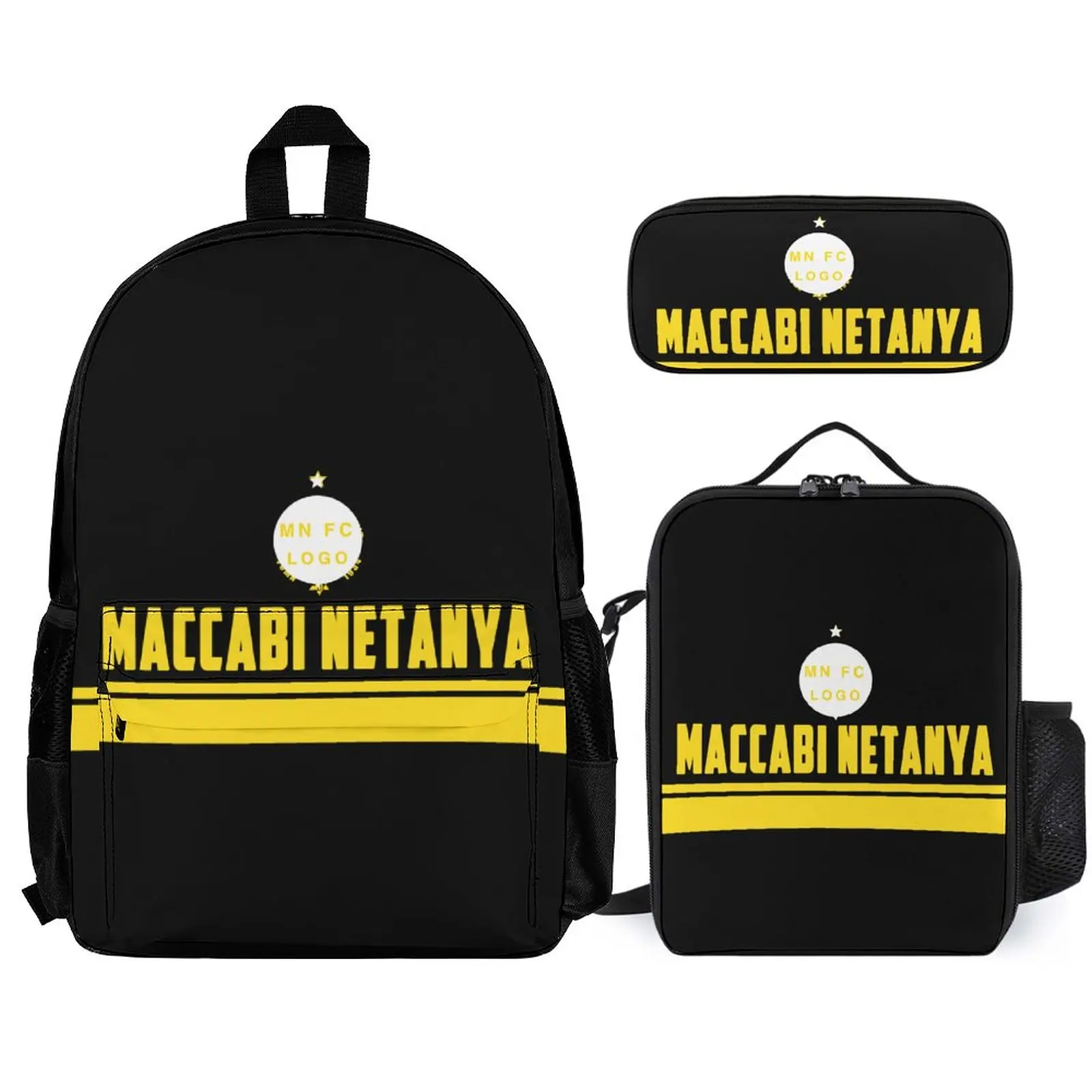 Maccabi Netanya Student School Bag Pencil Case Three-Piece Set With Lunch Tote Bag And Pencil Bag Backpack