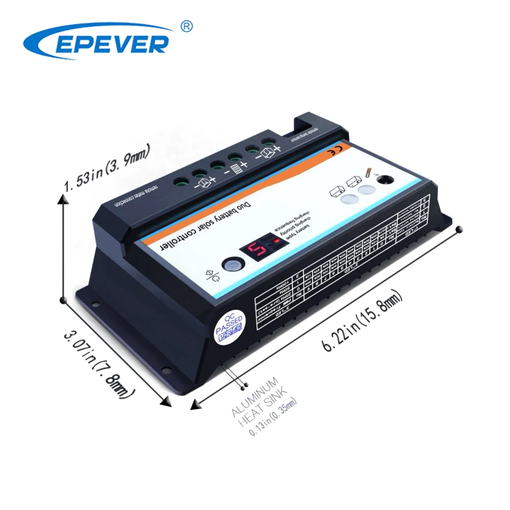 EPever 20A Dual Battery Solar Charge Controller 12V 24V Auto Solar Regulators Two Solar System Fit for RV System DB-20A