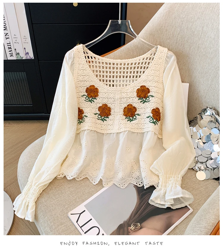 Top de ganchillo para mujer, blusa de punto abierta con bordado Floral y ojal, manga abombada, traje de vacaciones bohemio para primavera y verano