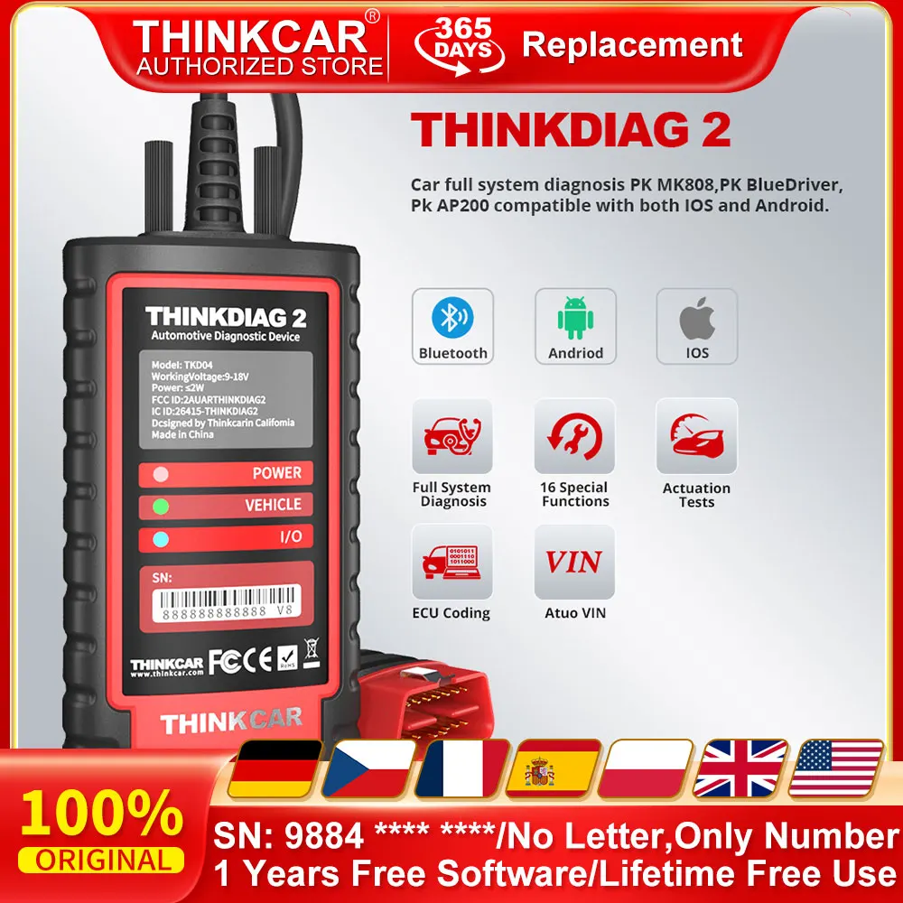 

THINKCAR Thinkdiag 2, диагностический инструмент для считывания автомобильных кодов, 15 сбросов, сканер OBD2, поддержка протокола CAN FD, активный тест для IOS и Android