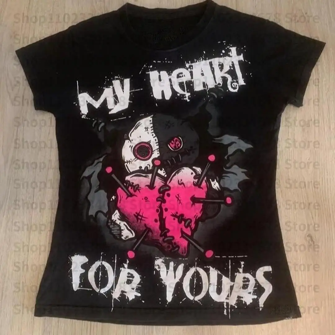 T-shirt da donna Crop Top Stampa grafica sottile Estate Harajuku Streetwear Manica corta Abiti estetici Anni 2000 Y2k Style Baby Tees