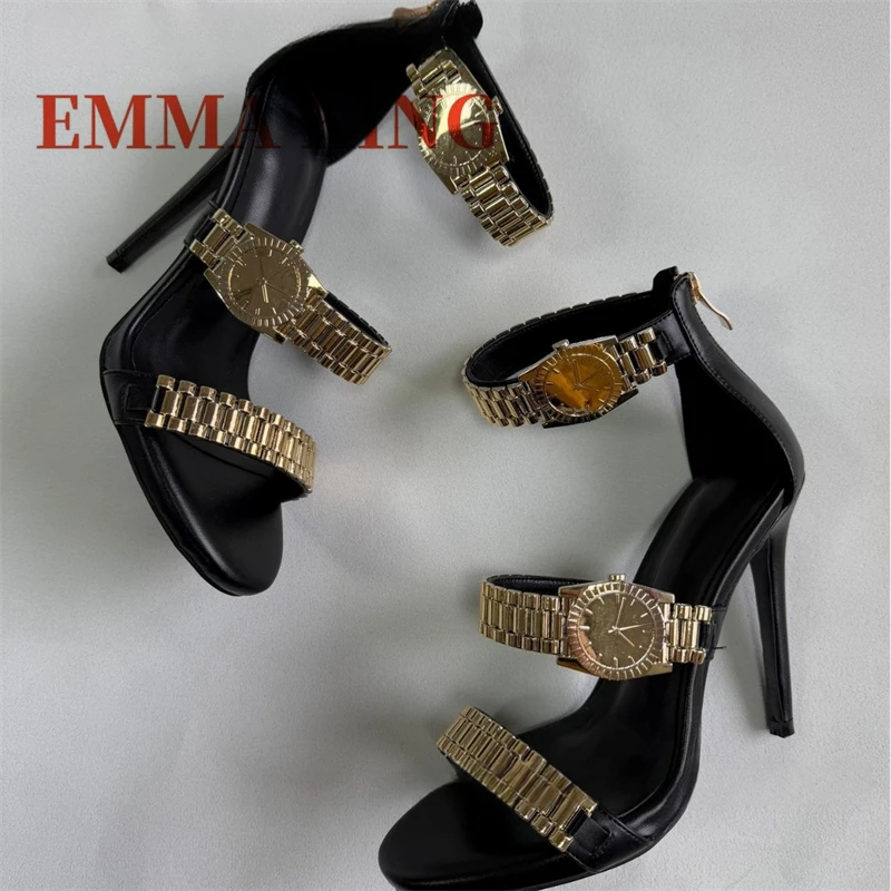 ساعة ذهبية رصع الصنادل المفتوحة تو عالية الكعب الكاحل حزام الصنادل عودة زيبر سلسلة معدنية صنادل طراز جلاديتور أحذية الحفلات الصيفية