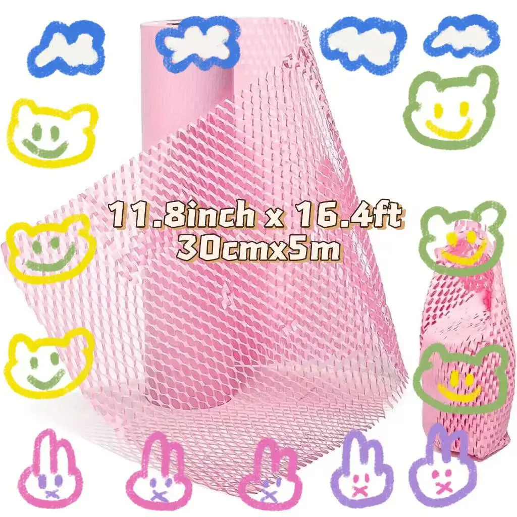 11.8inch x 16.4ft Pink Honeycomb Packing Paper Eco Friendly Recyclable Cushion Material Moving Shipping Supplies Kraft Paper