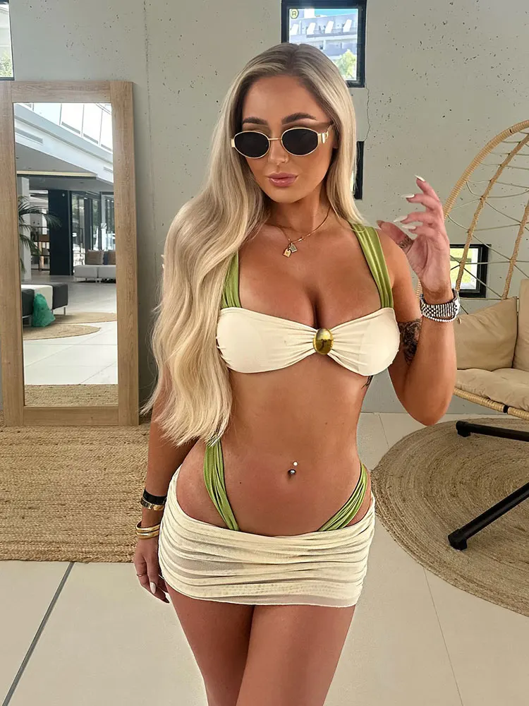 Conjunto de Bikini de 3 uds., microbikinis sexis para mujer, trajes de baño para mujer, conjunto de Bikini unicolor de banda, traje de baño, falda corta, Bikini