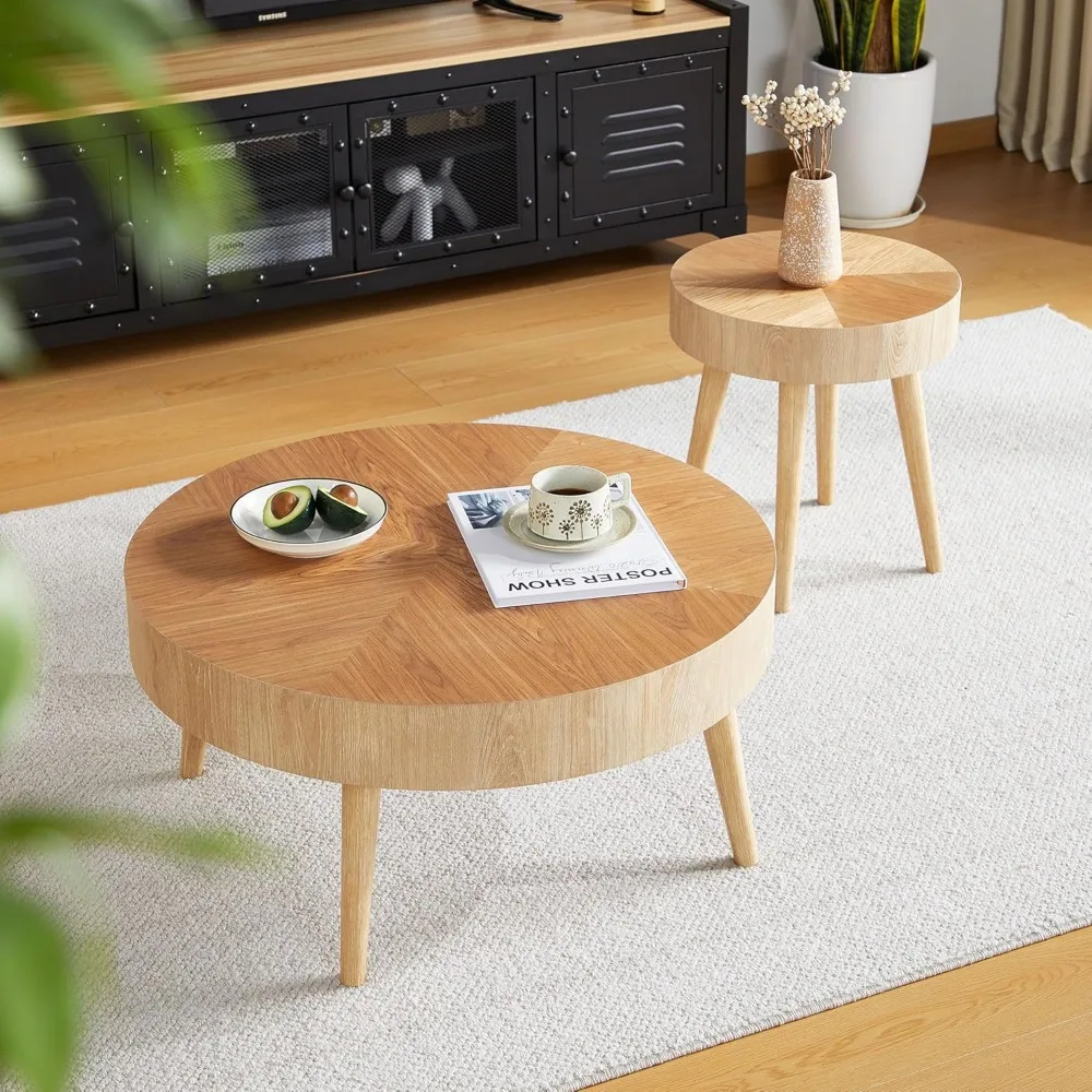 Conjunto de mesa de centro de 2 peças, conjunto de mesa de sala de estar circular de fazenda de 2, conjunto de mesa final moderna com acabamento em grão de madeira para sala de estar