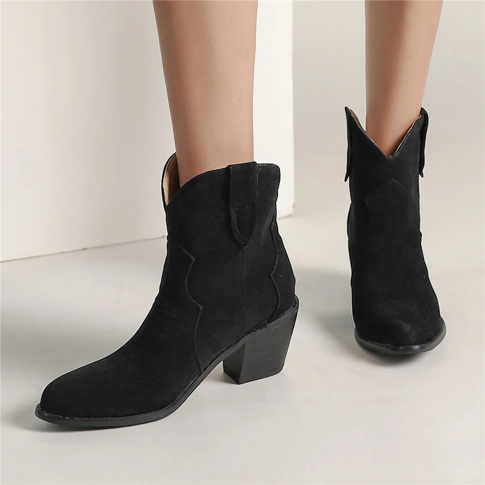 Autumn Winter Casual Western Cowboy Ankle Boots Women Cowgirl Booties Short Cossacks Botas Pointed Toe High Heels Shoes Womens