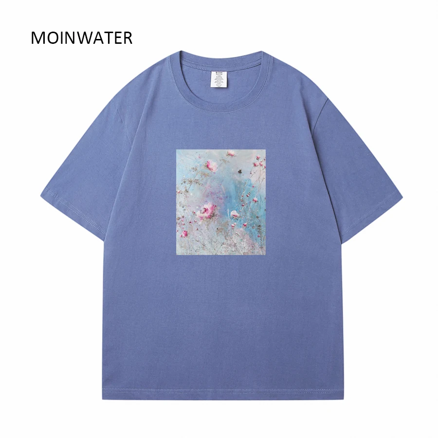 MOINWATER New Flower Printed T shirts for Women Purple Female Pure Cotton Summer Tees Lady Streetwear Short Sleeve Tops MT2311