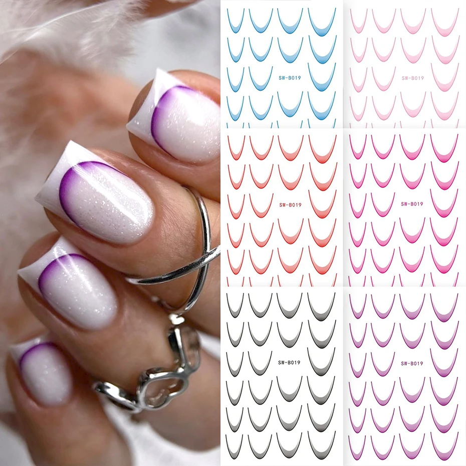 7 stücke Farbige Gradienten Kurve Nagel Aufkleber Einfache Französisch Linie Streifen Aufkleber Lila Rosa Kreative Führungen Band Folie Maniküre Liefert
