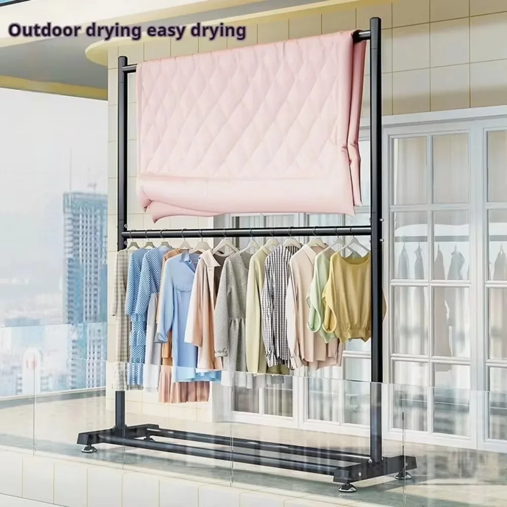 Double Simple Rod Clothes Coat RackDouble Hanging Storage Shelves Simple Wheeled Floor-Stand Coat Shelf Storage Rack with Wheels image 3