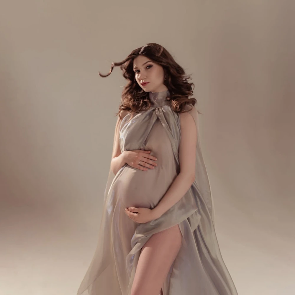 Elegant High Neck Maternity Photography Props Sheer Organza Pregnant Photo Shoot Clothes Studio Posing Gown Wrap view 5