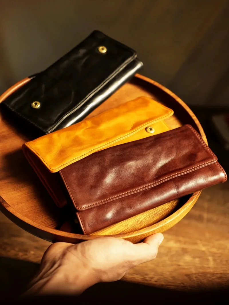 Multi-function Long Clutch Wallet,Italian Tuscany Full Grain Leather Large Capacity  Slots Zipper Pockets Soft Cow Handbag