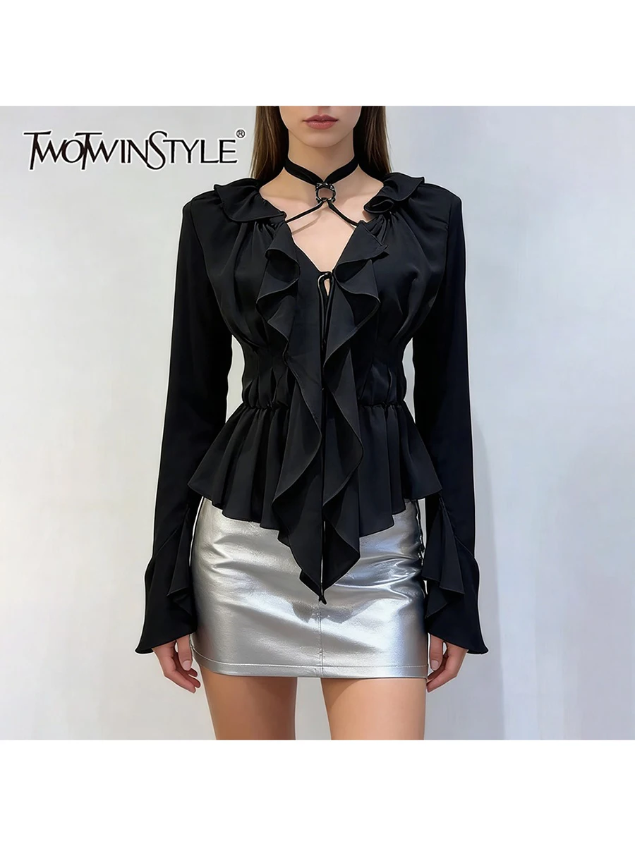 

Женская блузка TWOTWINSTYLE с V-образным вырезом, длинными рукавами, оборками и складками, в стиле пэчворк, на шнуровке, новинка