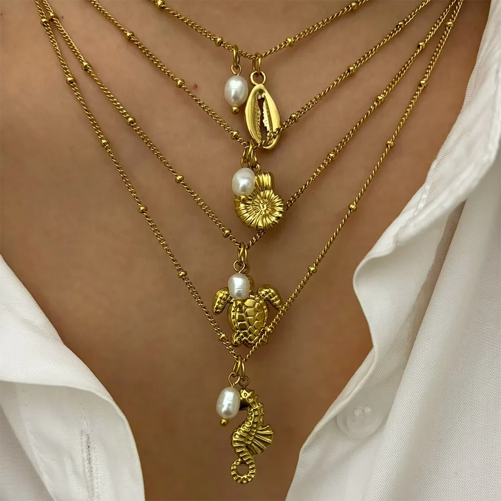 

Ocean Necklace Stainless Steel Waterproof For Women Exquisite Gold Color Turtle Conch Seahorse Pearls Choker Clavicle Jewelry