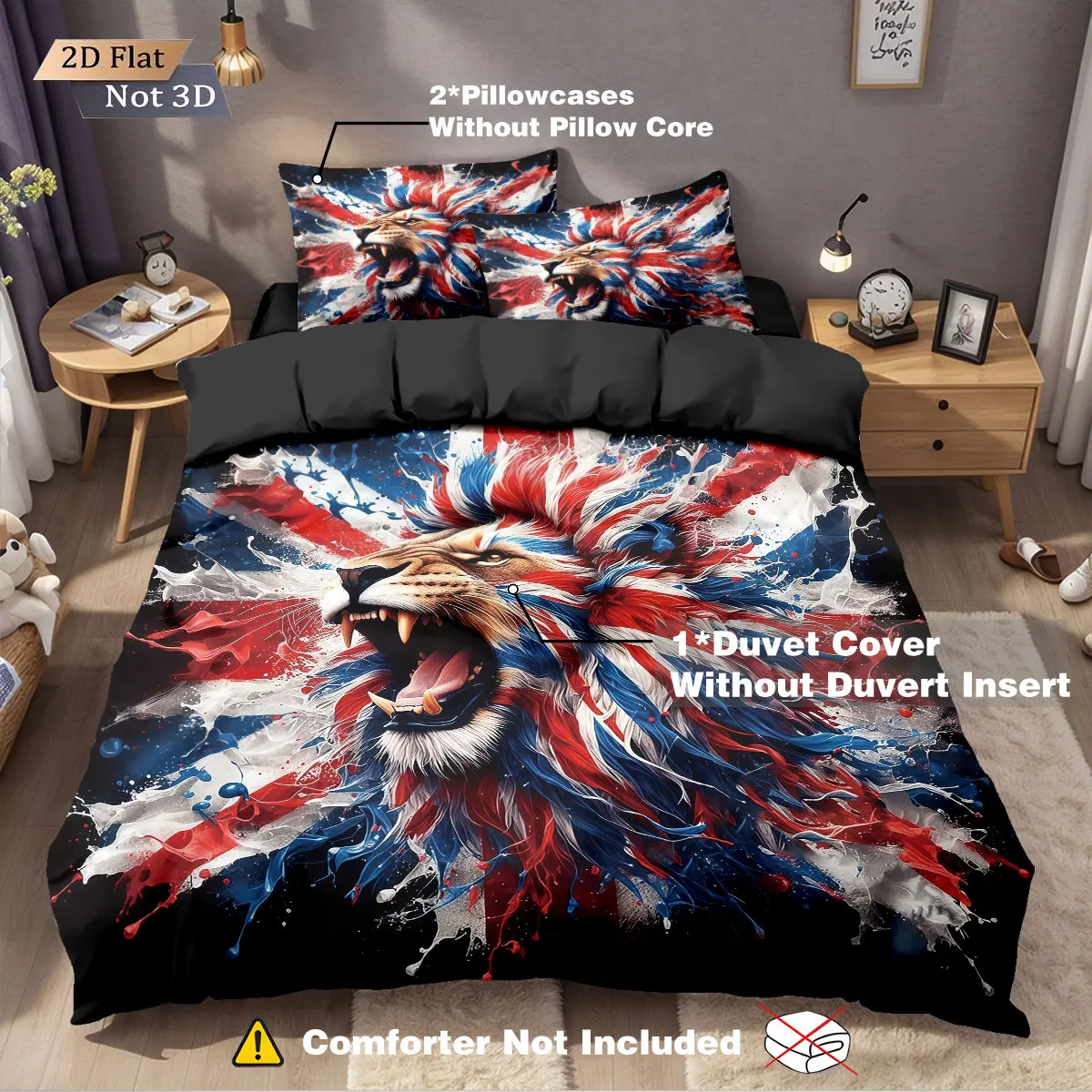 3pcs Fierce Lion Color Clash Grid Printed Core free Down Duvet Cover Set Multi Size Bedding Decoration Bedrooms Machine Washable