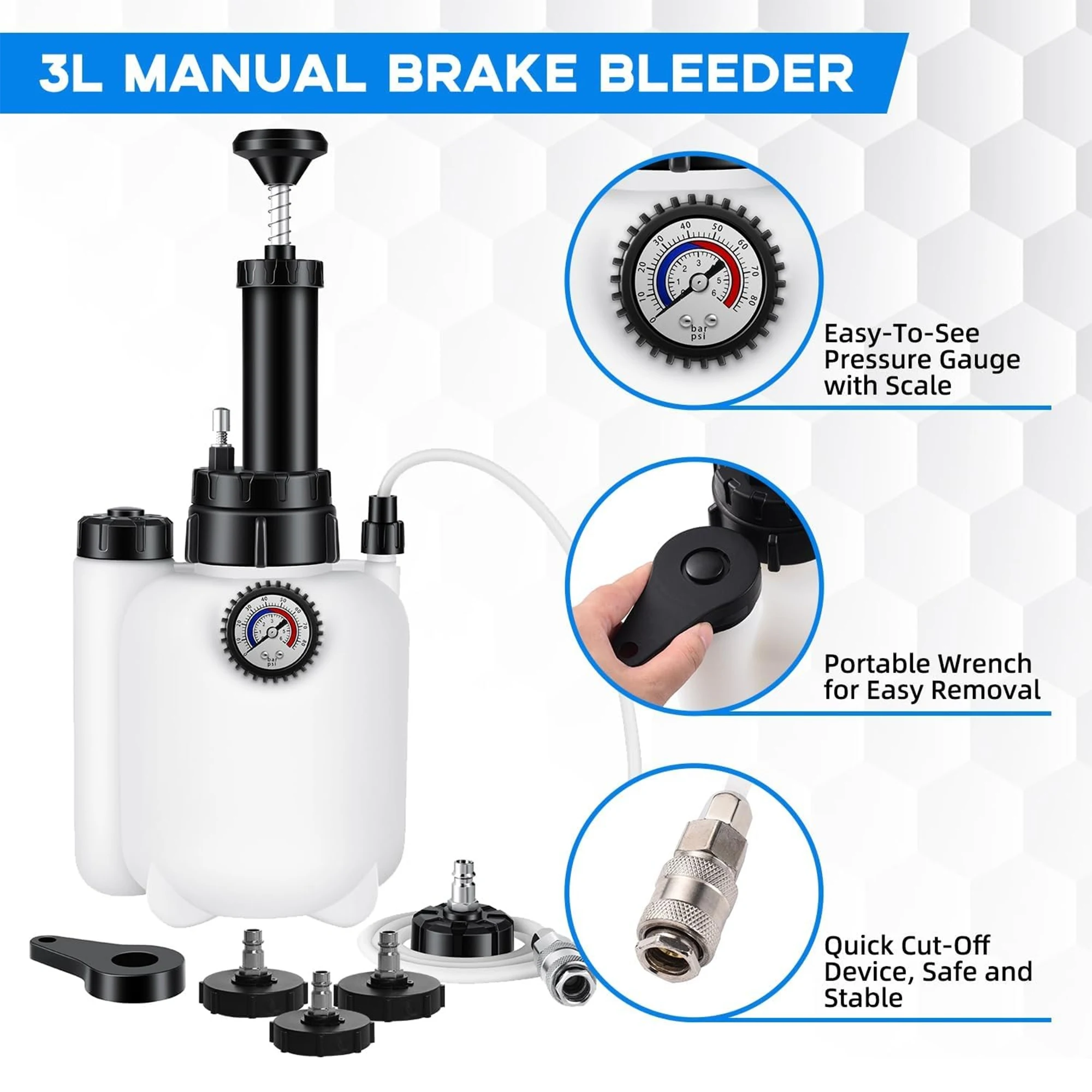 Brake Bleeder Kit with 3L Pressure Pump 1L Waste Bottle & 4 Upgraded Adapters Manual Brake Fluid Bleeder Tool for Most Vehicles