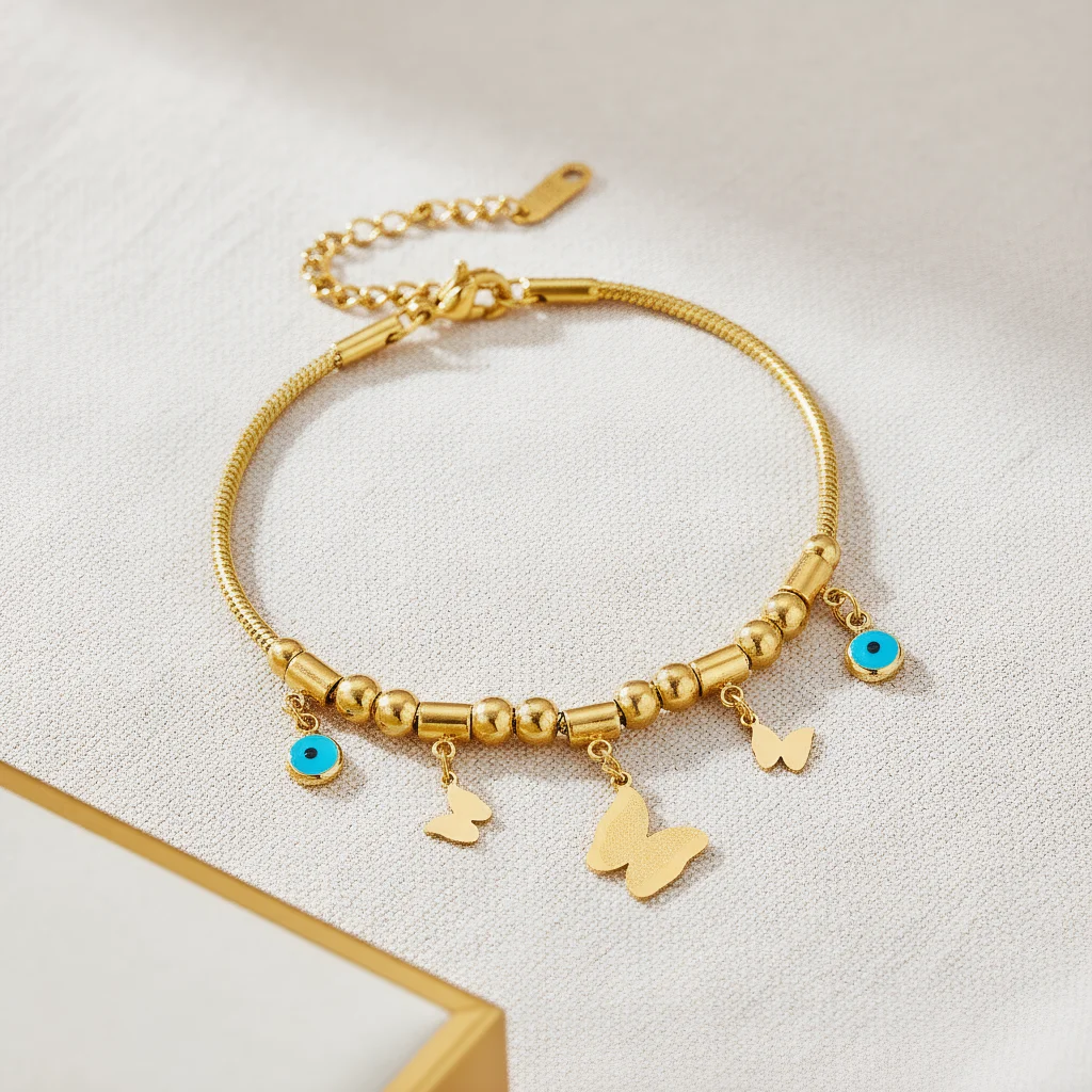 

Fashionable Geometric Spaced Bead Titanium Steel Butterfly Blue Eye Pendant Multi Functional Retro Bracelet