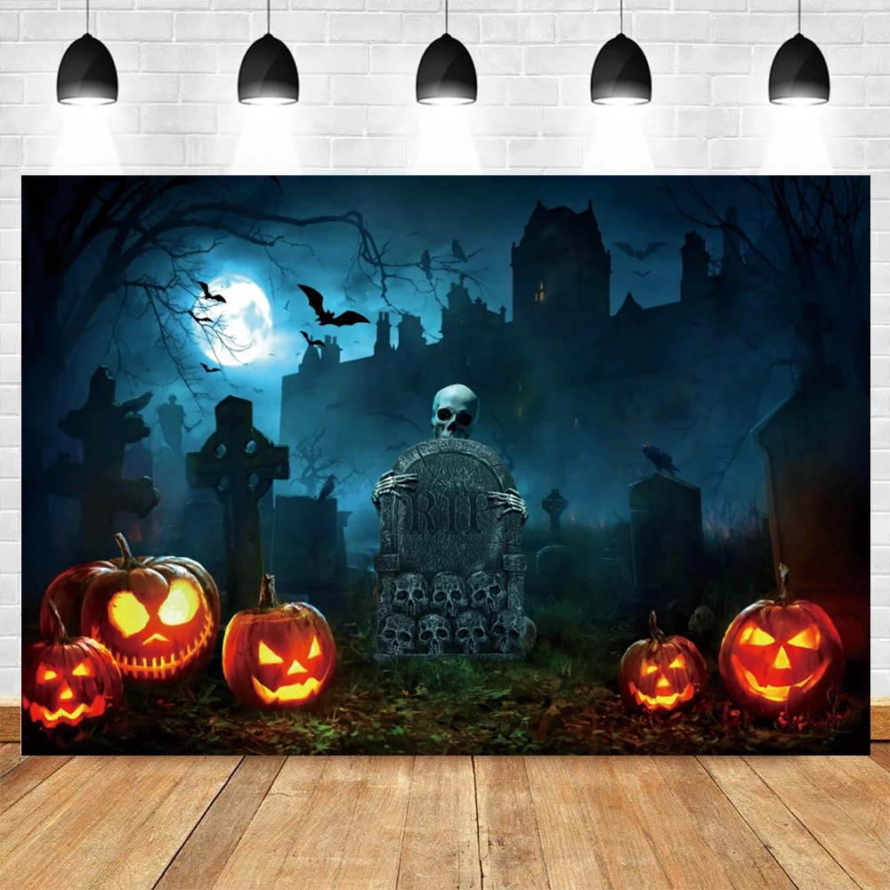 

Halloween Night Pumpkin Skeleton Photography Backdrop Castle Tombstone Cemetery Skull Moon Baby Portrait Background Photo Studio