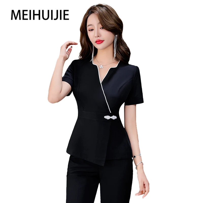 

Beauty Salon estheticienne Spa Uniform Black V Neck Massage Overalls Foot Therapist Work Gowns for Women Beautician Uniform Suit