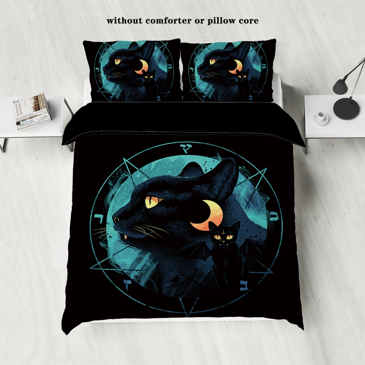 3-piece Halloween Black Cat Pattern Printed Down Duvet Cover (1 piece set+2 pillowcases, no core) Bedding Set