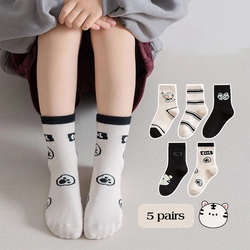 5Pairs Cartoon Tiger Children Socks Kids Spring Autumn Sweat Absorption Breathable Sports Cotton Sock Korean Baby Footwear Socks