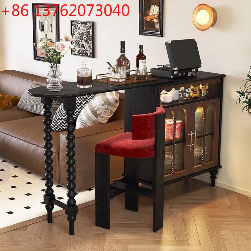 

French retractable solid wood bar counter household small apartment partition integrated side cabinet balcony island storage