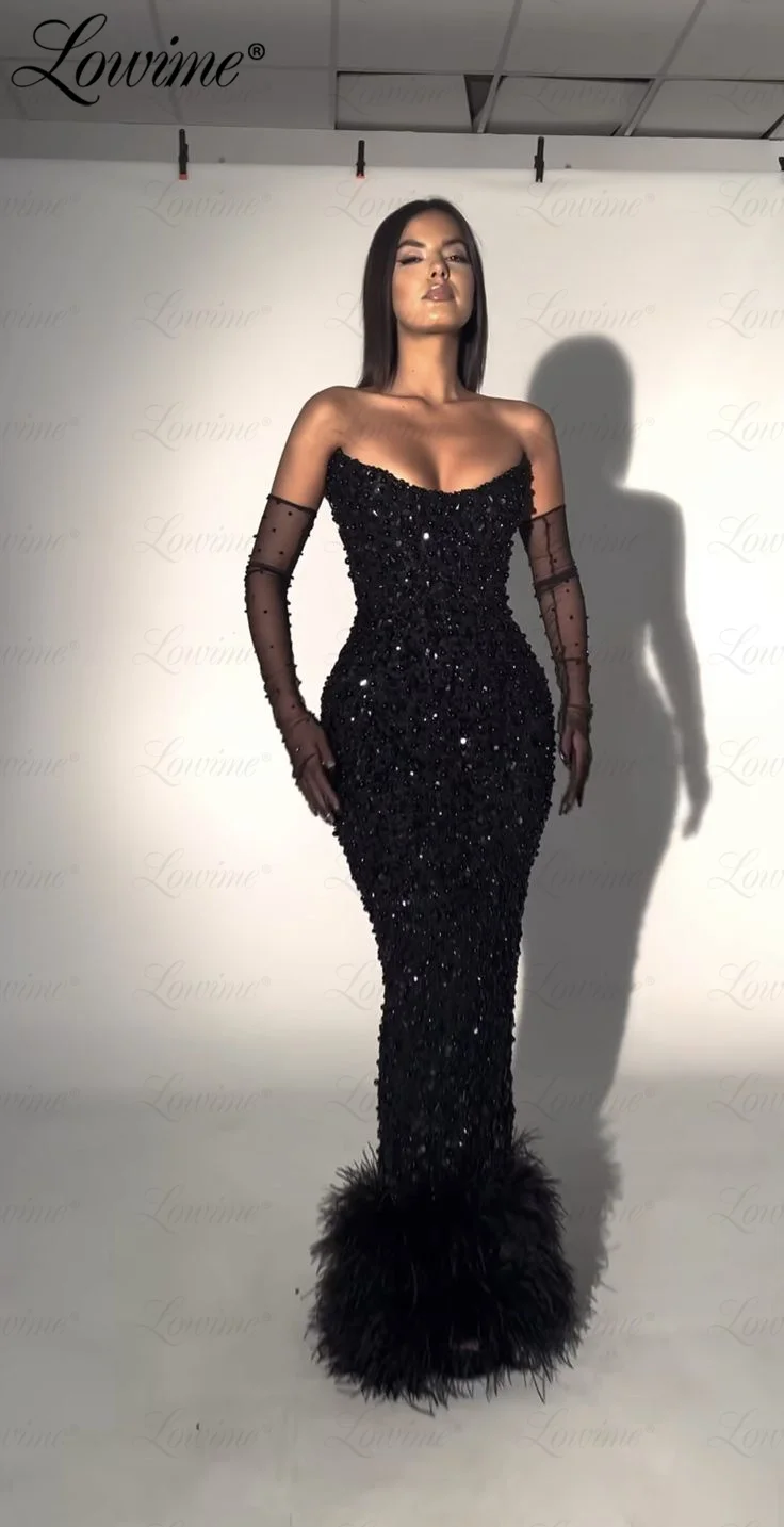 Black Evening Dresses Luxury 2023 Strapless Full Crystal Arabic Party Gowns Customize Celebrity Straight Floor Length Prom Dress