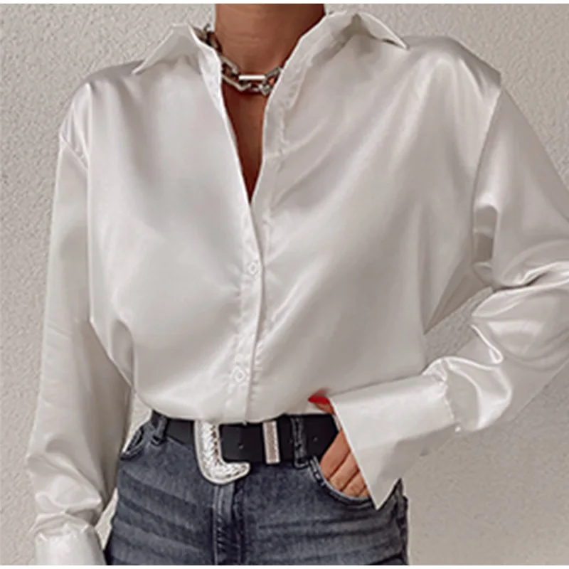 Elegant Vintage Silk Blouse Office Women Long Sleeve Blue Satin Shirt Autumn Green Casual Women Loose Female Shirts Tops 22717