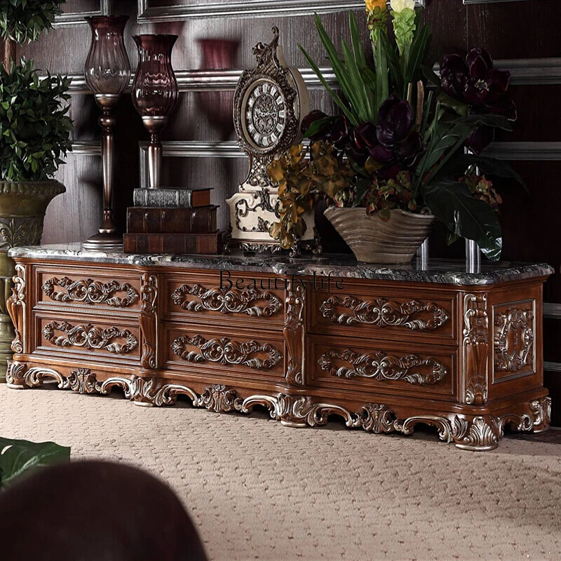 European marble TV cabinet luxury American retro solid wood audio-visual cabinet furniture