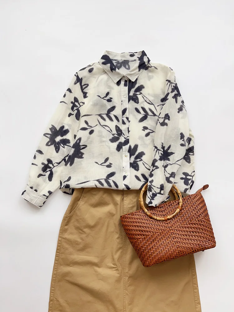

Loose Fit Silk Linen Shirt Women's Early Autumn Design Sensation Small Audience Printed Slimming Shirt Long Sleeve Collar