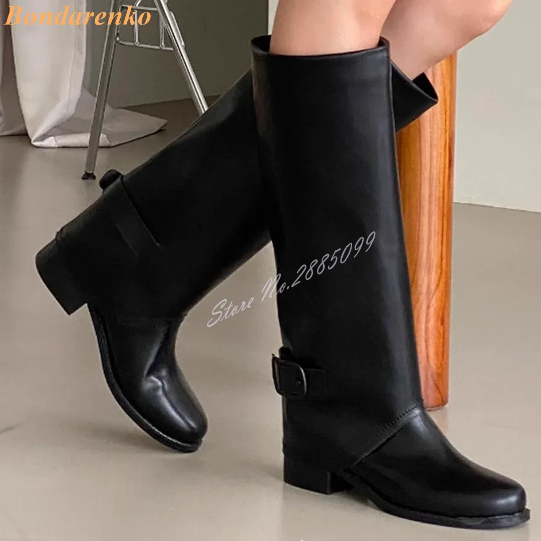 Buckles Trouser Knee High Boots Round Toe Chunky High Heels Solid Leather Women Casual Shoes Autumn Winter Party Designer Boots