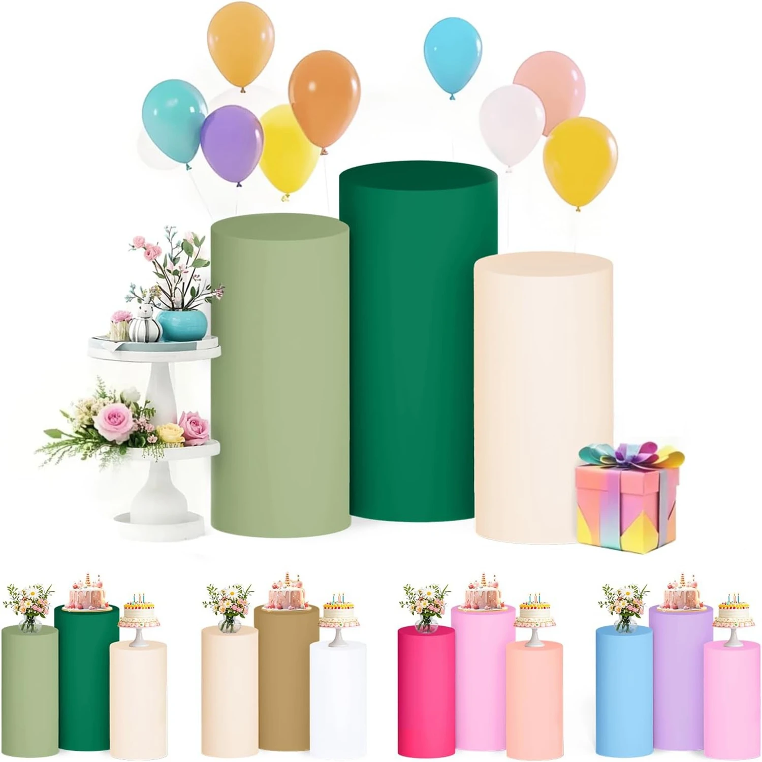 Yeele Solid Colors Cylinder Pedestal Stand Covers for Party Wedding Birthday Event Decor Green khaki Baby Cake Column Backdrop