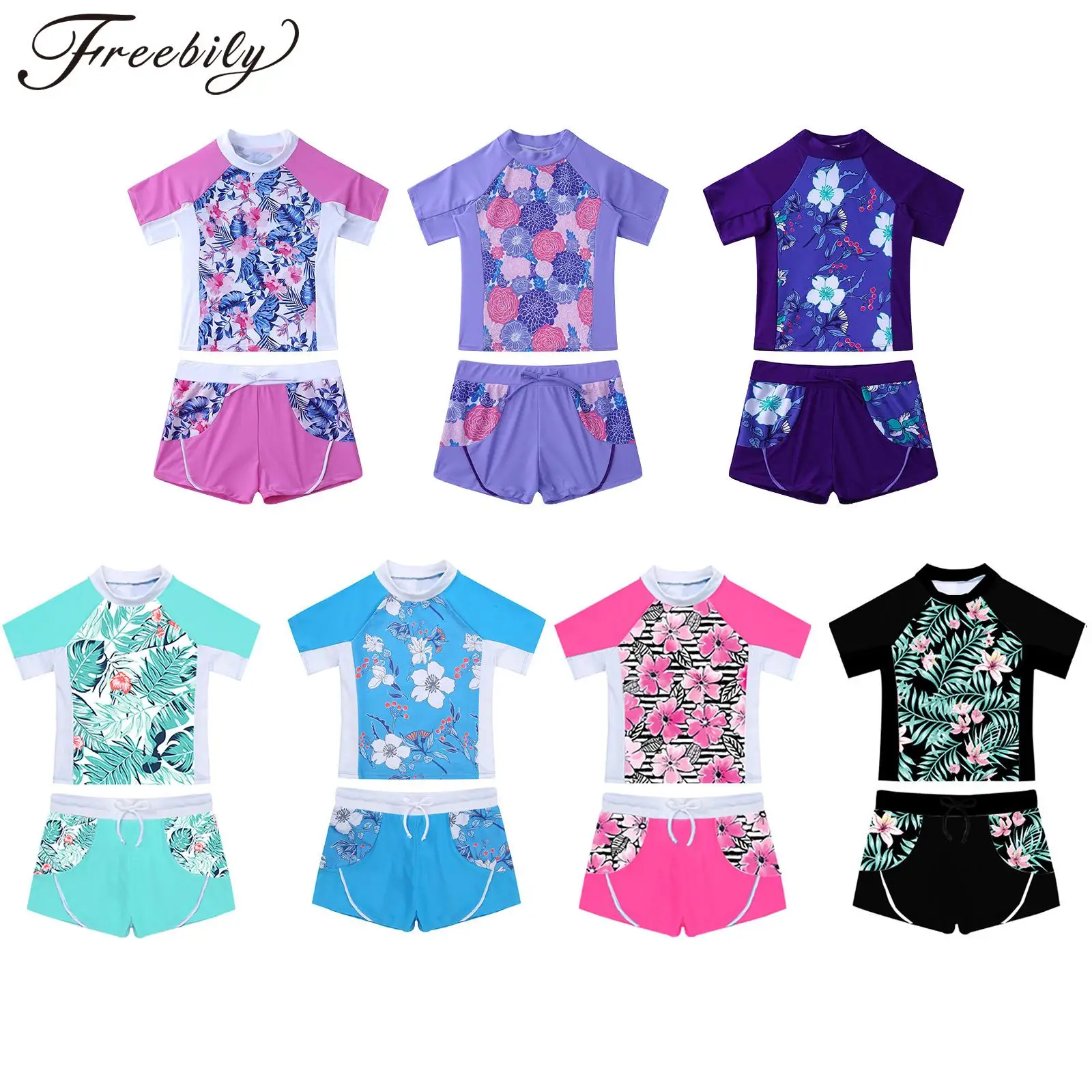 Kids Girls 2 Piece Rash Guard Set Swimwear Floral Print Short Sleeve Swim Shirt with Booty Shorts Tankini Swimsuit Bathing Suit