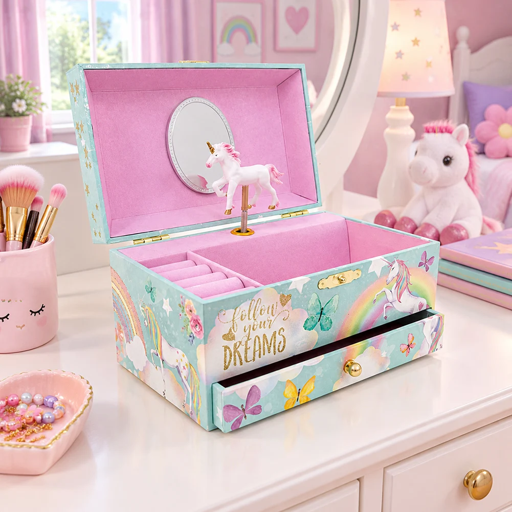 Musical Jewelry Box Kids Musical Storage Case With Mirror Spacious Storage For Necklaces And Rings Vanity Table Centerpiece