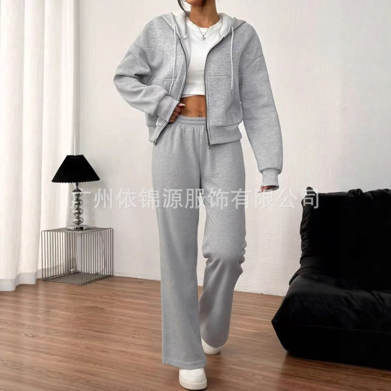 

Two Pieces Women Pant Sets Solid Matching Sets Zipper Hooded Pocket Coat Elastic Waist Pants Loose Fit Casual 2026 Autumn Winter