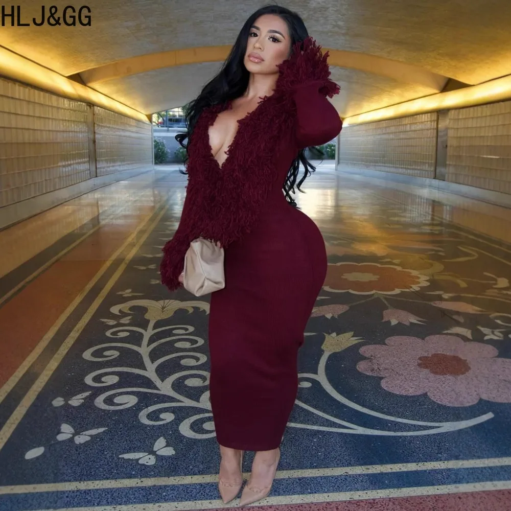 HLJ & GG النبيذ الأحمر مثير العميق الخامس محبوك شرابة Bodycon فستان طويل المرأة كم طويل سليم فيستدوس موضة فستان الصلبة الشارع الشهير