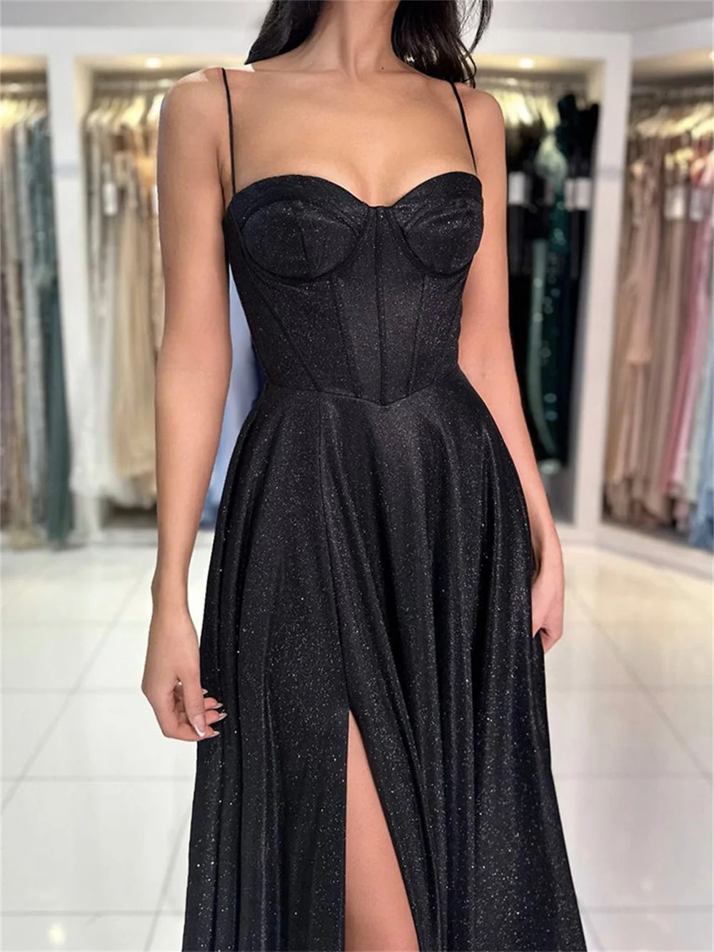 Simple Spaghetti Straps Strapless Prom Dresses With Split Sleeveless Backless Ball Gown Sparkly Corset A-line Long Evening Gowns