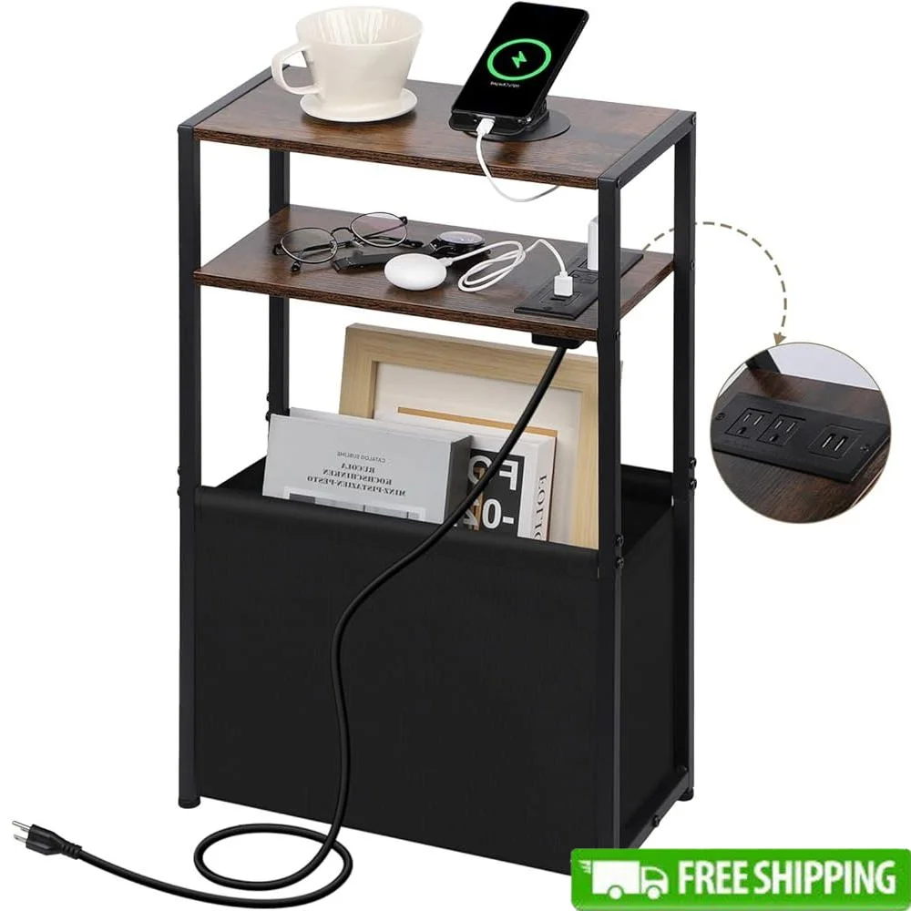 

Narrow Side Table with Charging Station USB Ports Storage Bag 3-Tier Slim End Table Living Room Bedroom Space Saving
