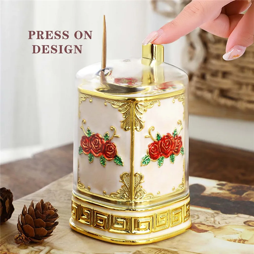 1Pcs Vintage Automatic Toothpick Holder Box,Press Type Toothpick Dispenser Toothpicks Box with Clear Cover for Kitchen Home Res