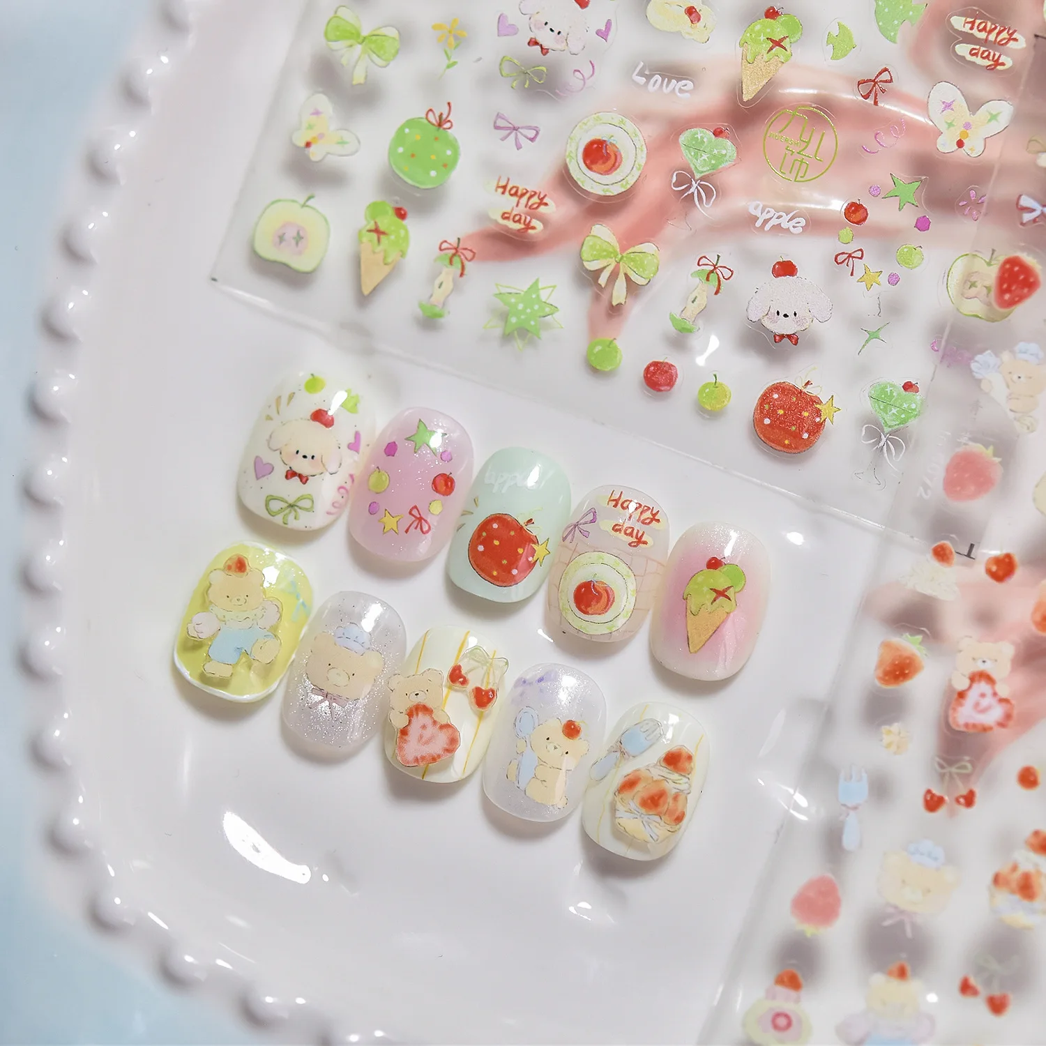 Cute Flash Strawberry Apple Bear Dog High Quality Nail Stickers Nail Art Decoration Decals Design T-5086