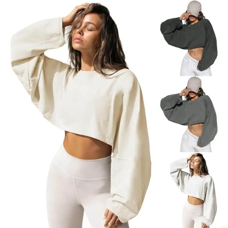 

P88A Womens Simple Casual Sweatshirt Round Ncek Pullover Female Long Sleeve Crop Tops