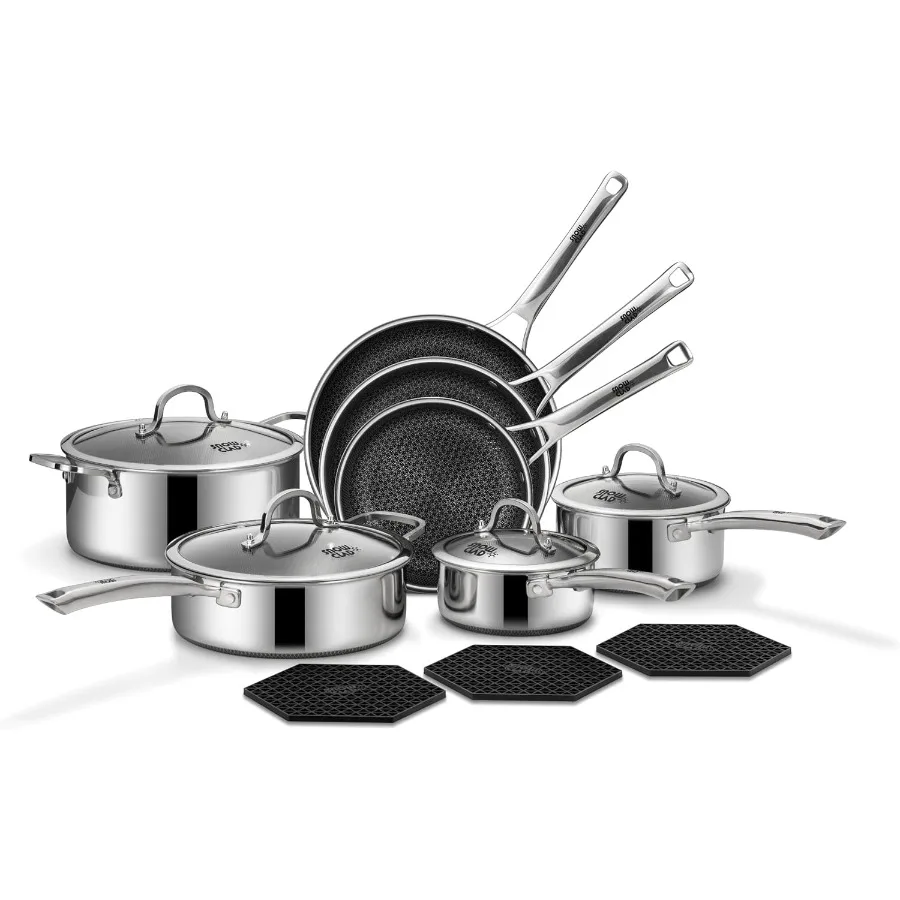 SNOWCLAD Pots and Pans Set Non Stick 14 Pcs Hybrid Stainless Steel Cookware Sets Non Stick Frying Pans Saucepans Saute Pan and