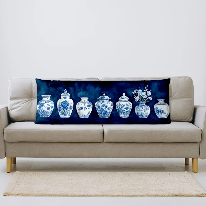 1pc Elegant Blue and White Chinese Style Vase Design Short Plush Pillow Cover - 50.8x137.16 cm, Zippered Lumbar Pillow Case, Dou