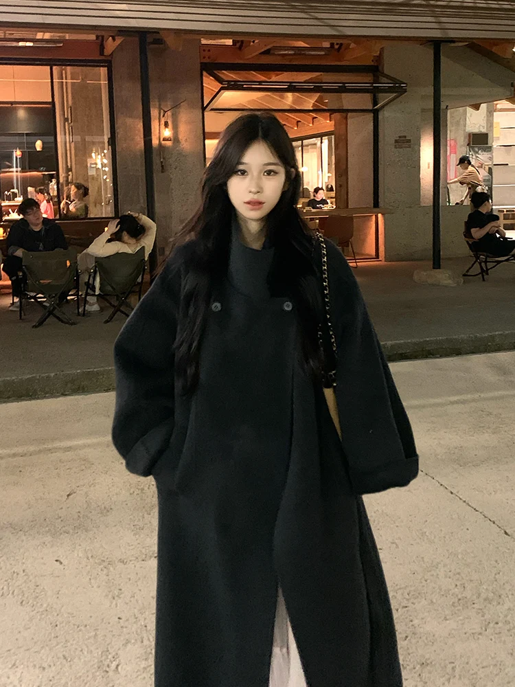 

Adan Charcoal ey Stand Collar Double Face Woolen Coat Winter Vintage Korean Loose Fit Long Length Women's Outerwear