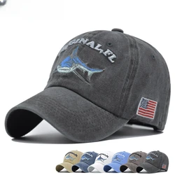 Embroidery Washed Cotton Shark Dad Hat for Men Vintage Baseball Cap Hip Hop Curved Fishing Cap Summer Fish Snapback Women Hat