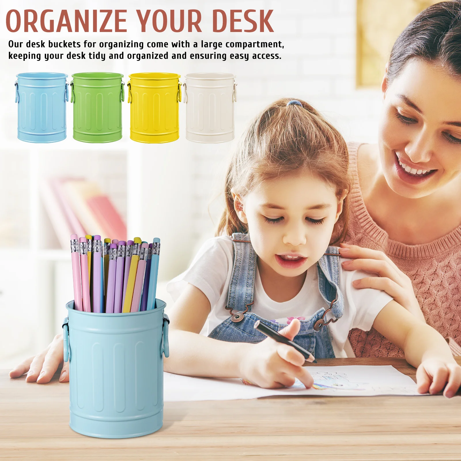 

4pcs Metal Pen Holders Iron Desk Buckets Double Ears Portable Pen Cups Office Supplies Makeup Brush Storage Desktop Organizer