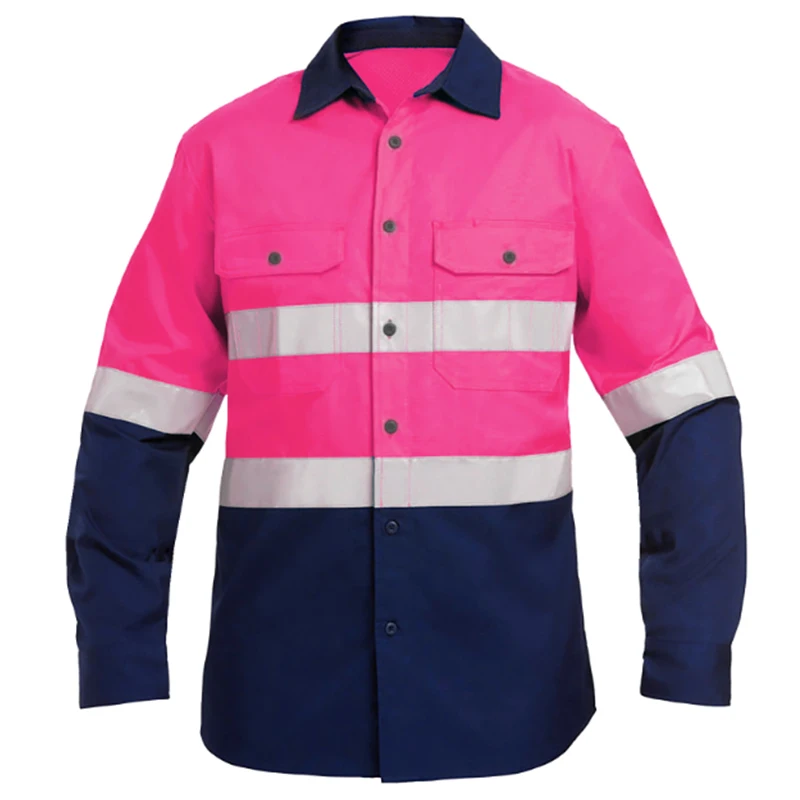 Pink Hi Vis Shirts Safety Workwear 100% Cotton Reflective Long Sleeve