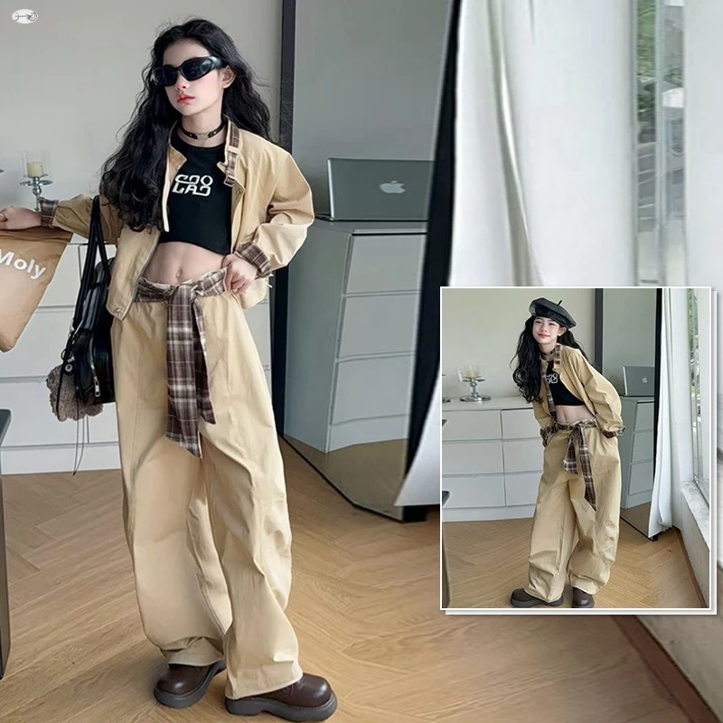 

autumn teen girls retro contrasting belt clothes set grid Workwear jacket+Wide Leg Pants 2pcs junior kid suit child outfits 4-14