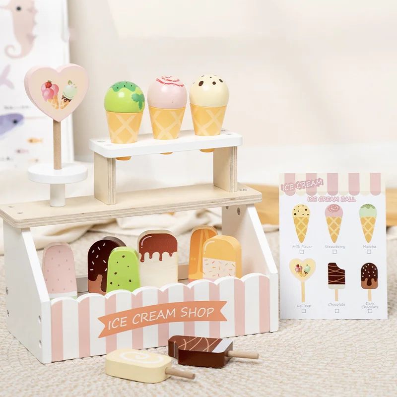 Houten Roze Ijs Stand Fantasiespel Speelgoed Keuken Ijsje Kinderen Speelgoed Vroeg Leren Montessori Educatief Spel